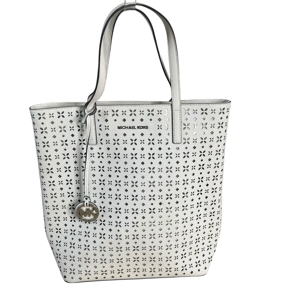 Michael Kors White‎ Perforated Leather Tote Bag MK Charm